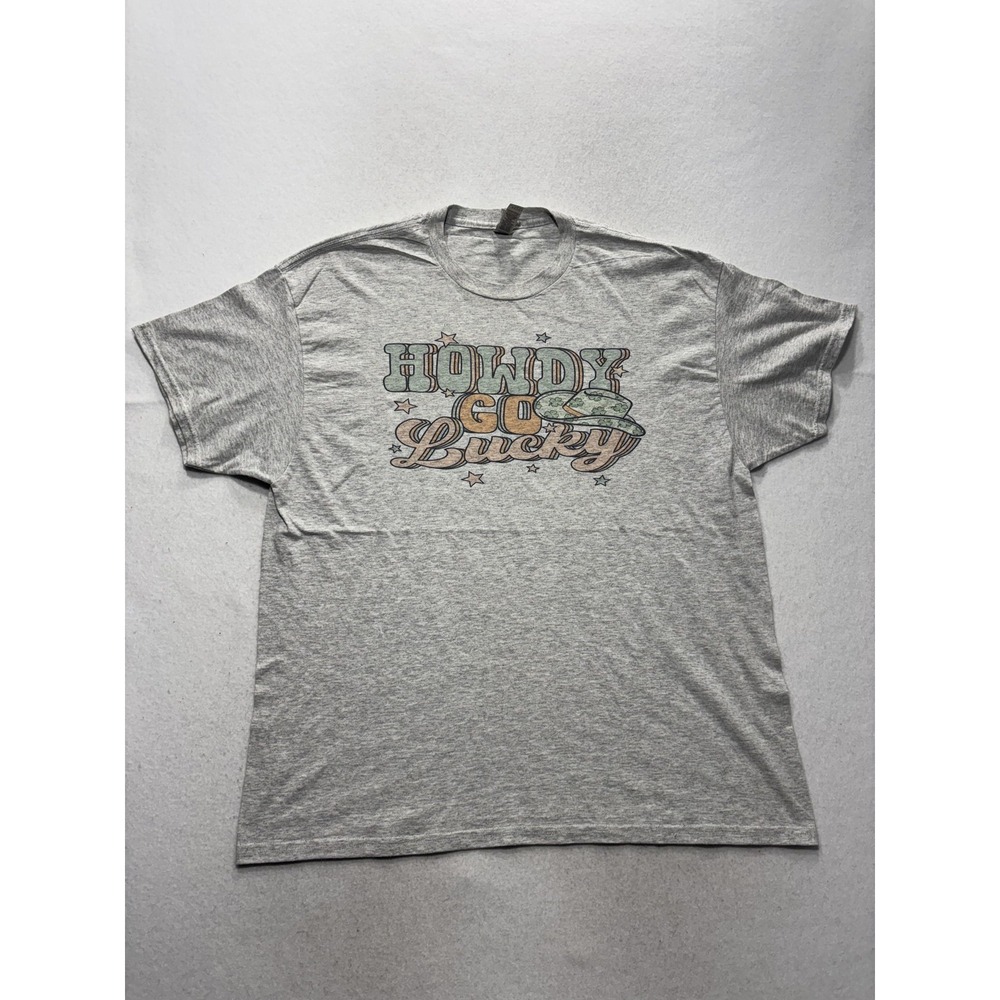 Gildan Mens XL Gray Howdy Go Lucky St Patricks Day Irish Graphic Tee DryBlend